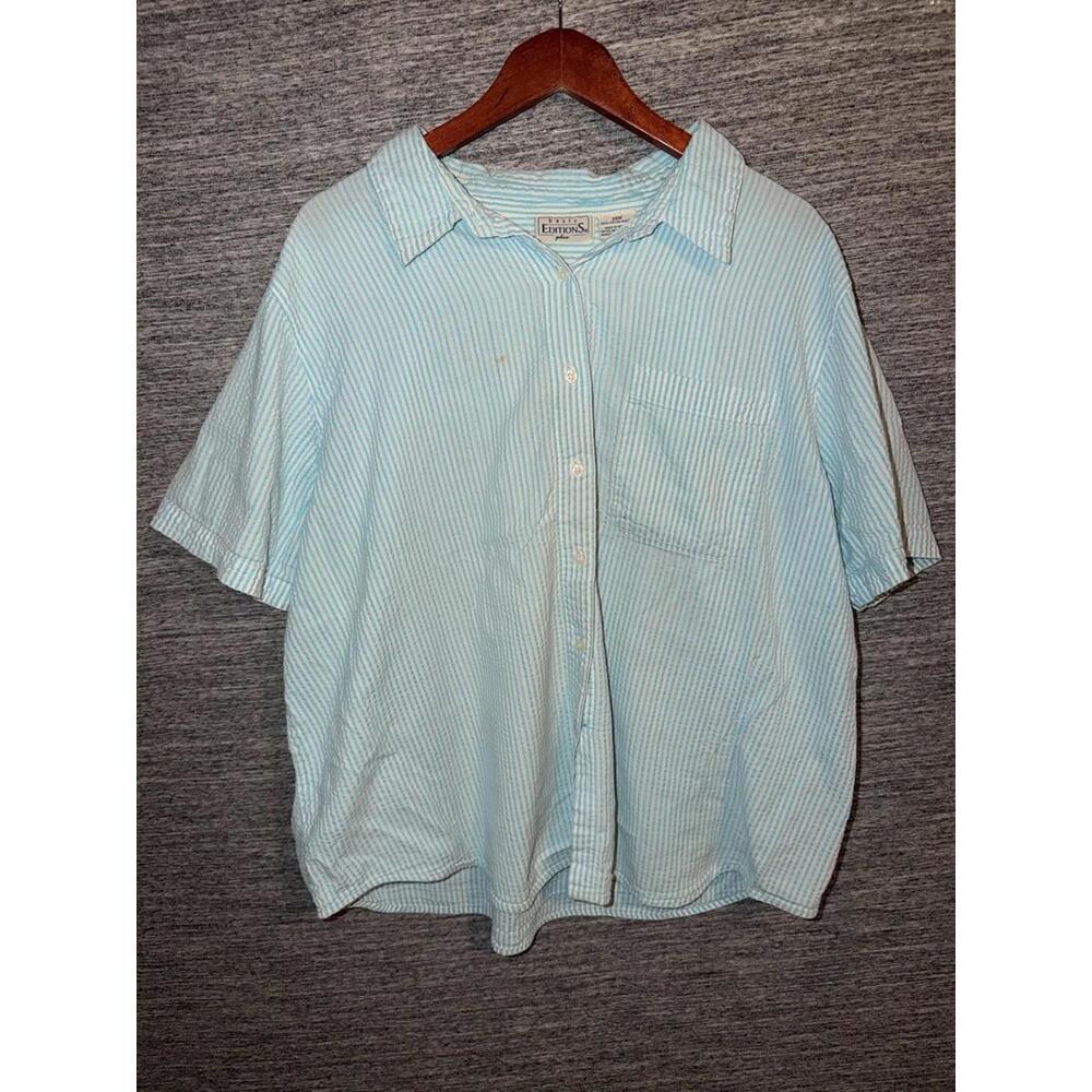 Basic Editions Plus Womens 26W Seersucker Shirt Blue White Striped Cotton Top SS